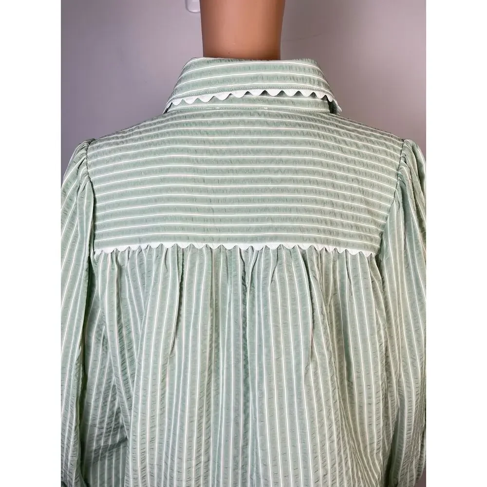 Entro sage green striped blouse L scalloped collar button front cotton blend - Picture 7 of 15